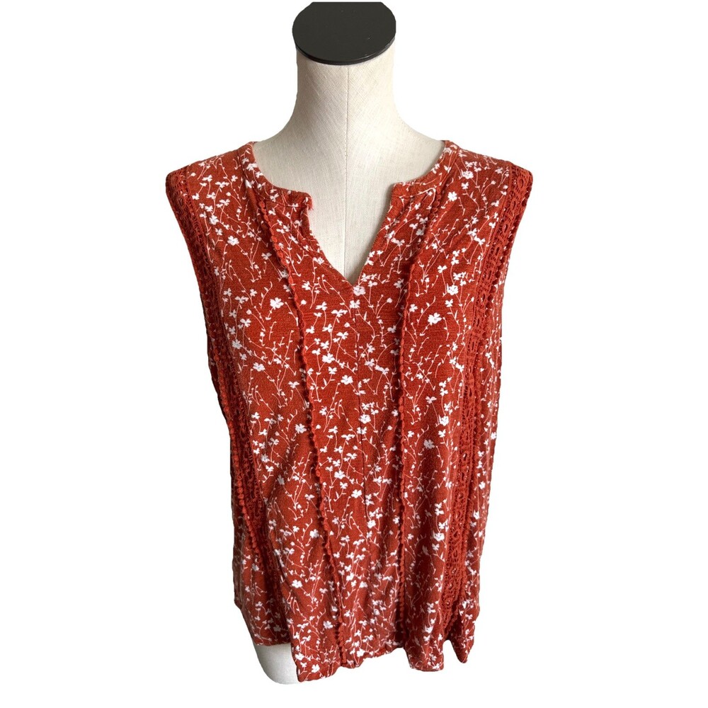 Daniel Rainn Floral Crochet Tank Top Sleeveless Blouse Rust Women's Size XL BOHO